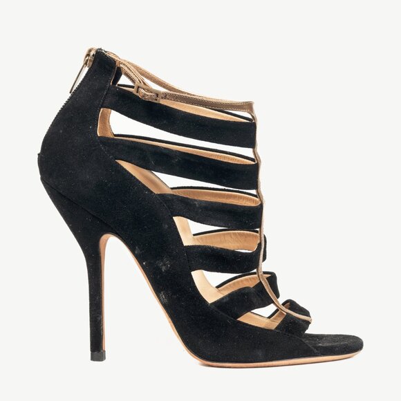 Jimmy Choo Fathom Black & Gold Suede Strappy Sandals - Picture 1 of 11